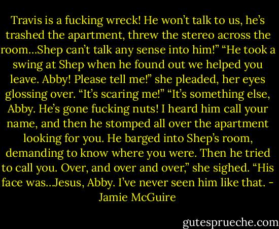 Travis is a fucking wreck! He won’t talk to us, he’s trashed the apartment, threw the stereo across the room…Shep can’t talk any sense into him!”<br />“He took a swing at Shep when he found out we helped you leave. Abby! Please tell me!” she pleaded, her eyes glossing over. “It’s scaring me!”<br />“It’s something else, Abby. He’s gone fucking nuts! I heard him call your name, and then he stomped all over the apartment looking for you. He barged into Shep’s room, demanding to know where you were. Then he tried to call you. Over, and over and over,” she sighed. “His face was…Jesus, Abby. I’ve never seen him like that. - Jamie McGuire