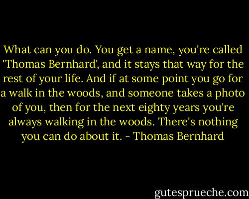 What can you do. You get a name, you're called 'Thomas Bernhard', and it stays that way for the rest of your life. And if at some point you go for a walk in the woods, and someone takes a photo of you, then for the next eighty years you're always walking in the woods. There's nothing you can do about it. - Thomas Bernhard