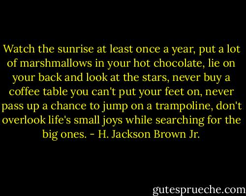 Watch the sunrise at least once a year, put a lot of marshmallows in your hot chocolate, lie on your back and look at the stars, never buy a coffee table you can't put your feet on, never pass up a chance to jump on a trampoline, don't overlook life's small joys while searching for the big ones. - H. Jackson Brown Jr.