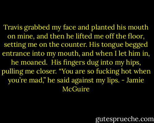 Travis grabbed my face and planted his mouth on mine, and then he lifted me off the floor, setting me on the counter. His tongue begged entrance into my mouth, and when I let him in, he moaned.<br /><br />His fingers dug into my hips, pulling me closer. “You are so fucking hot when you’re mad,” he said against my lips. - Jamie McGuire