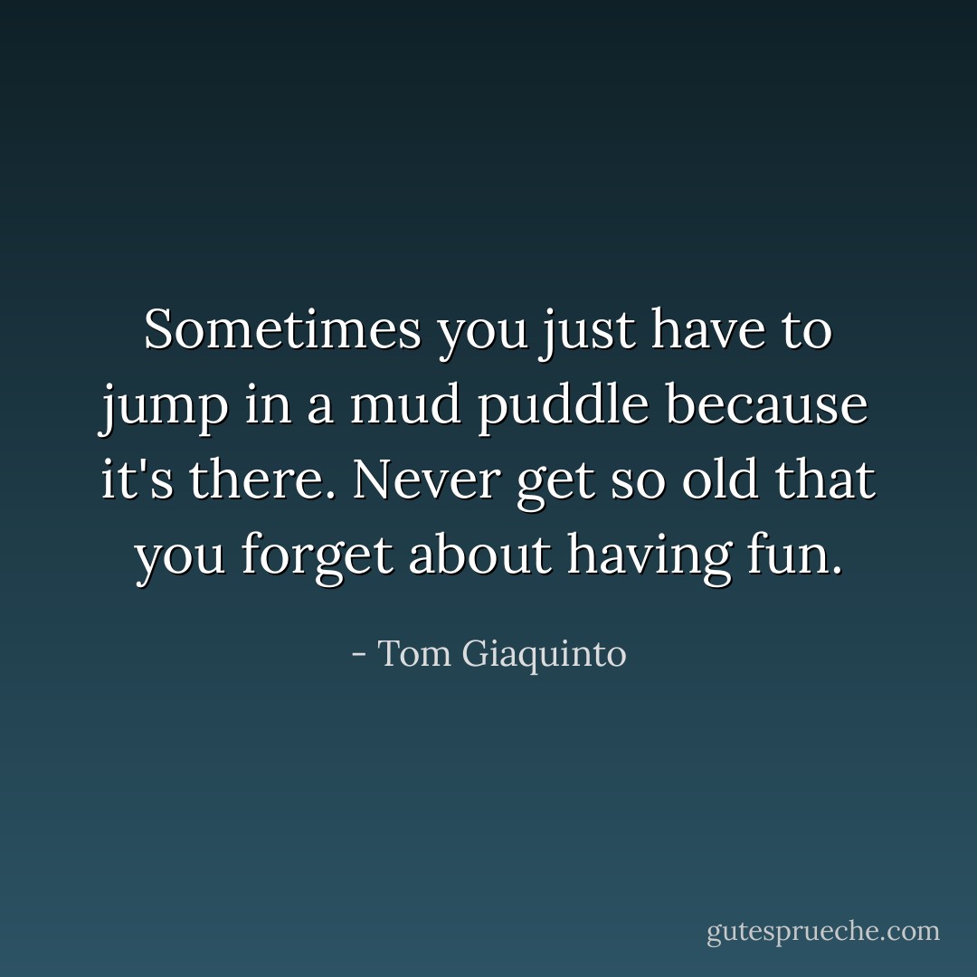 Sometimes you just have to jump in a mud puddle because it's there. Never get so old that you forget about having fun. - Tom Giaquinto