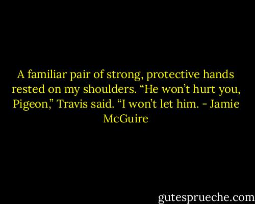 A familiar pair of strong, protective hands rested on my shoulders. “He won’t hurt you, Pigeon,” Travis said. “I won’t let him. - Jamie McGuire