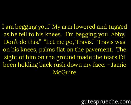 I am begging you.” My arm lowered and tugged as he fell to his knees. “I’m begging you, Abby. Don’t do this.”<br /><br />“Let me go, Travis.”<br /><br />Travis was on his knees, palms flat on the pavement.<br /><br />The sight of him on the ground made the tears I’d been holding back rush down my face. - Jamie McGuire