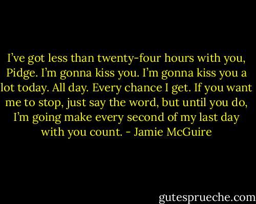 I’ve got less than twenty-four hours with you, Pidge. I’m gonna kiss you. I’m gonna kiss you a lot today. All day. Every chance I get. If you want me to stop, just say the word, but until you do, I’m going make every second of my last day with you count. - Jamie McGuire