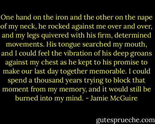 One hand on the iron and the other on the nape of my neck, he rocked against me over and over, and my legs quivered with his firm, determined movements. His tongue searched my mouth, and I could feel the vibration of his deep groans against my chest as he kept to his promise to make our last day together memorable. I could spend a thousand years trying to block that moment from my memory, and it would still be burned into my mind. - Jamie McGuire
