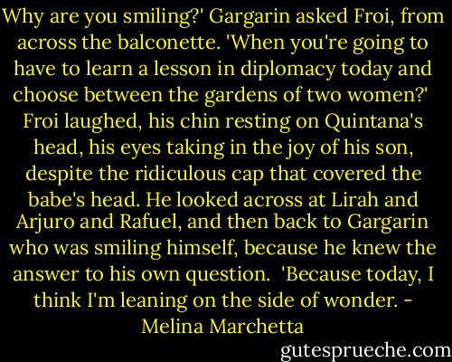 Why are you smiling?' Gargarin asked Froi, from across the balconette. 'When you're going to have to learn a lesson in diplomacy today and choose between the gardens of two women?'<br /><br />Froi laughed, his chin resting on Quintana's head, his eyes taking in the joy of his son, despite the ridiculous cap that covered the babe's head. He looked across at Lirah and Arjuro and Rafuel, and then back to Gargarin who was smiling himself, because he knew the answer to his own question.<br /><br />'Because today, I think I'm leaning on the side of wonder. - Melina Marchetta