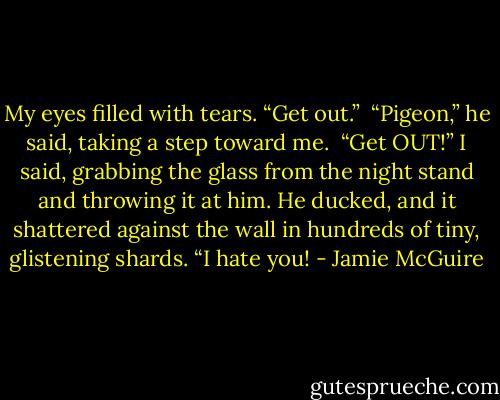 My eyes filled with tears. “Get out.”<br /><br />“Pigeon,” he said, taking a step toward me.<br /><br />“Get OUT!” I said, grabbing the glass from the night stand and throwing it at him. He ducked, and it shattered against the wall in hundreds of tiny, glistening shards. “I hate you! - Jamie McGuire