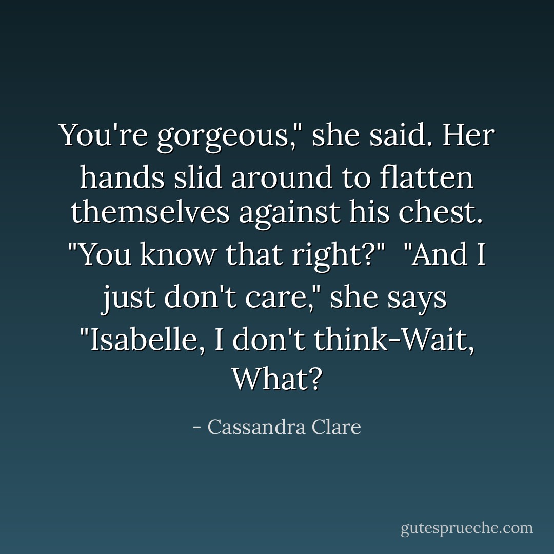You're gorgeous," she said. Her hands slid around to flatten themselves against his chest. "You know that right?" <br />"And I just don't care," she says<br />"Isabelle, I don't think-Wait, What? - Cassandra Clare