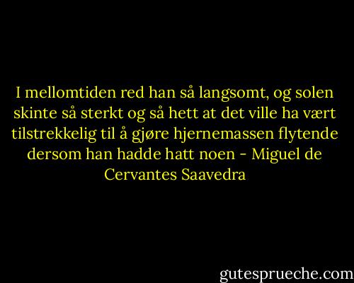 I mellomtiden red han så langsomt, og solen skinte så sterkt og så hett at det ville ha vært tilstrekkelig til å gjøre hjernemassen flytende dersom han hadde hatt noen - Miguel de Cervantes Saavedra