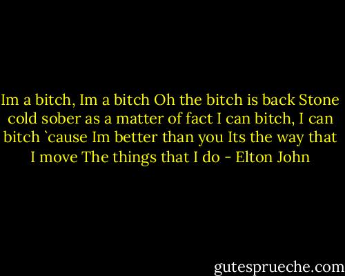 Im a bitch, Im a bitch<br />Oh the bitch is back<br />Stone cold sober as a matter of fact<br />I can bitch, I can bitch<br />`cause Im better than you<br />Its the way that I move<br />The things that I do - Elton John