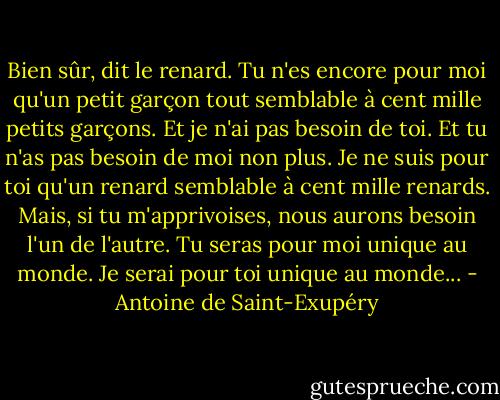 Bien sûr, dit le renard. Tu n'es encore pour moi qu'un petit garçon tout semblable à cent mille petits garçons. Et je n'ai pas besoin de toi. Et tu n'as pas besoin de moi non plus. Je ne suis pour toi qu'un renard semblable à cent mille renards. Mais, si tu m'apprivoises, nous aurons besoin l'un de l'autre. Tu seras pour moi unique au monde. Je serai pour toi unique au monde... - Antoine de Saint-Exupéry