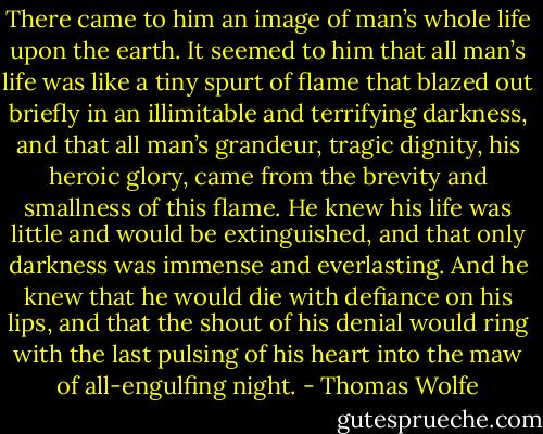 There came to him an image of man’s whole life upon the earth. It seemed to him that all man’s life was like a tiny spurt of flame that blazed out briefly in an illimitable and terrifying darkness, and that all man’s grandeur, tragic dignity, his heroic glory, came from the brevity and smallness of this flame. He knew his life was little and would be extinguished, and that only darkness was immense and everlasting. And he knew that he would die with defiance on his lips, and that the shout of his denial would ring with the last pulsing of his heart into the maw of all-engulfing night. - Thomas Wolfe