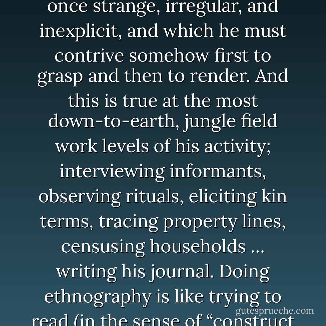 What the ethnographer is in fact faced with—except when (as, of course, he must do) he is pursuing the more automatized routines of data collection—is a multiplicity of complex conceptual structures, many of them superimposed upon or knotted into one another, which are at once strange, irregular, and inexplicit, and which he must contrive somehow first to grasp and then to render. And this is true at the most down-to-earth, jungle field work levels of his activity; interviewing informants, observing rituals, eliciting kin terms, tracing property lines, censusing households … writing his journal. Doing ethnography is like trying to read (in the sense of “construct a reading of”) a manuscript—foreign, faded, full of ellipses, incoherencies, suspicious emendations, and tendentious commentaries, but written not in conventionalized graphs of sound but in transient examples of shaped behavior. - Clifford Geertz