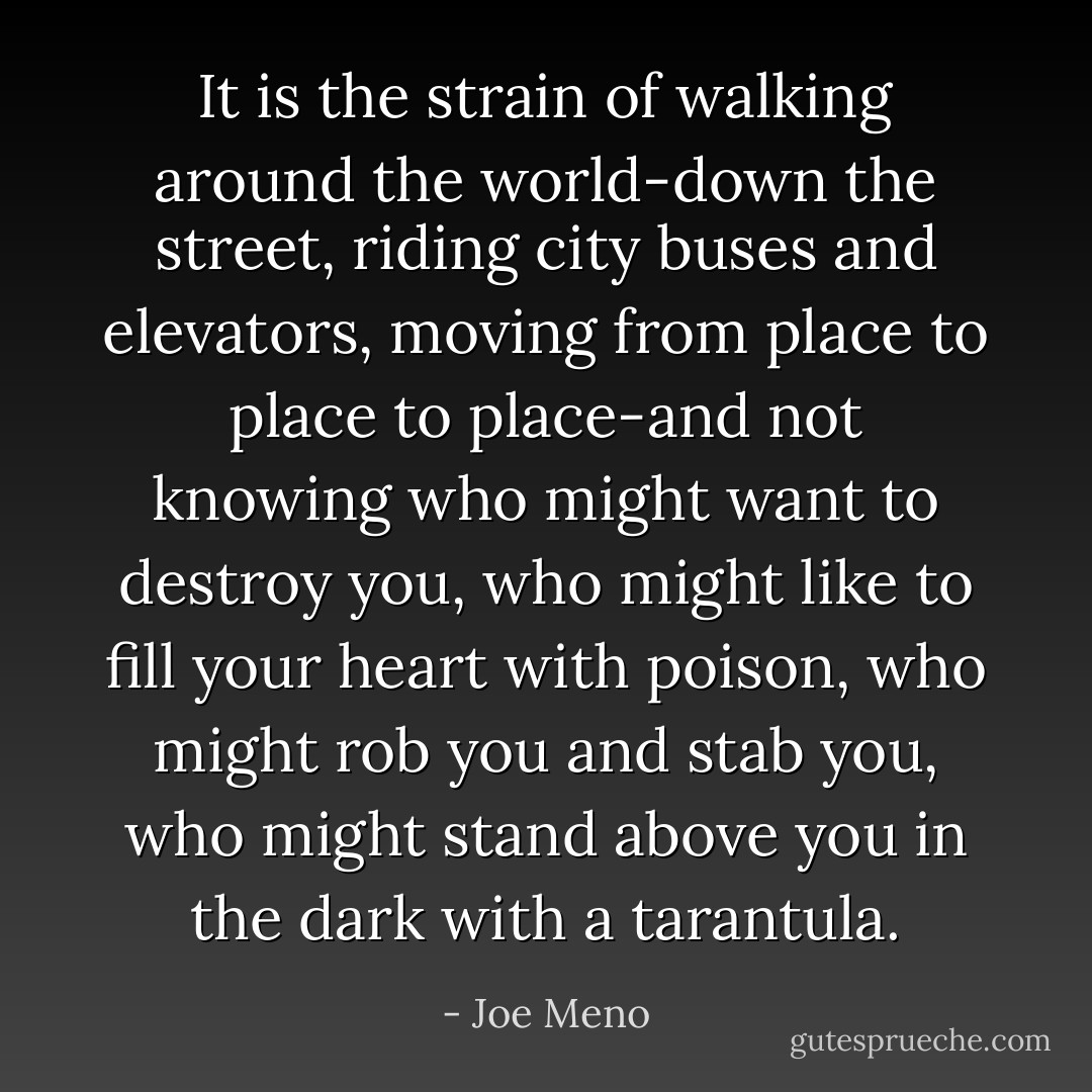 It is the strain of walking around the world-down the street, riding city buses and elevators, moving from place to place to place-and not knowing who might want to destroy you, who might like to fill your heart with poison, who might rob you and stab you, who might stand above you in the dark with a tarantula. - Joe Meno