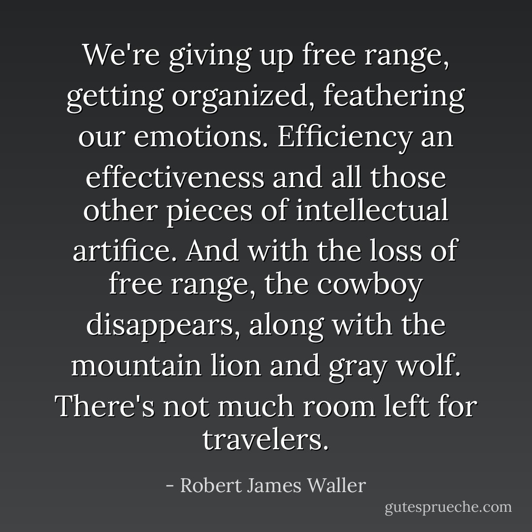 We're giving up free range, getting organized, feathering our emotions. Efficiency an effectiveness and all those other pieces of intellectual artifice. And with the loss of free range, the cowboy disappears, along with the mountain lion and gray wolf. There's not much room left for travelers. - Robert James Waller