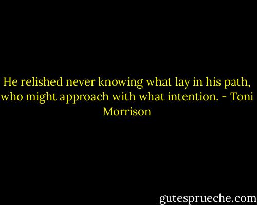 He relished never knowing what lay in his path, who might approach with what intention. - Toni Morrison
