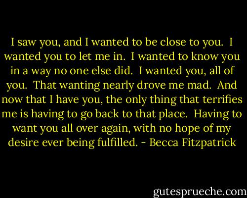 I saw you, and I wanted to be close to you. <br />I wanted you to let me in. <br />I wanted to know you in a way no one else did. <br />I wanted you, all of you. <br />That wanting nearly drove me mad. <br />And now that I have you, the only thing that terrifies me is having to go back to that place. <br />Having to want you all over again, with no hope of my desire ever being fulfilled. - Becca Fitzpatrick