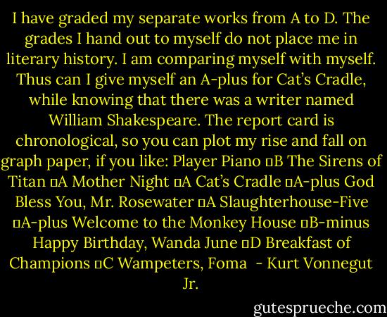 I have graded my separate works from A to D. The grades I hand out to myself do not place me in literary history. I am comparing myself with myself. Thus can I give myself an A-plus for Cat’s Cradle, while knowing that there was a writer named William Shakespeare. The report card is chronological, so you can plot my rise and fall on graph paper, if you like:<br />Player Piano 	B<br />The Sirens of Titan 	A<br />Mother Night 	A<br />Cat’s Cradle 	A-plus<br />God Bless You, Mr. Rosewater 	A<br />Slaughterhouse-Five 	A-plus<br />Welcome to the Monkey House 	B-minus<br />Happy Birthday, Wanda June 	D<br />Breakfast of Champions 	C<br />Wampeters, Foma  - Kurt Vonnegut Jr.
