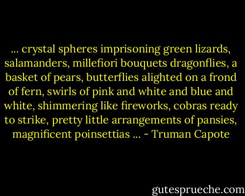 ... crystal spheres imprisoning green lizards, salamanders, millefiori bouquets dragonflies, a basket of pears, butterflies alighted on a frond of fern, swirls of pink and white and blue and white, shimmering like fireworks, cobras ready to strike, pretty little arrangements of pansies, magnificent poinsettias ... - Truman Capote