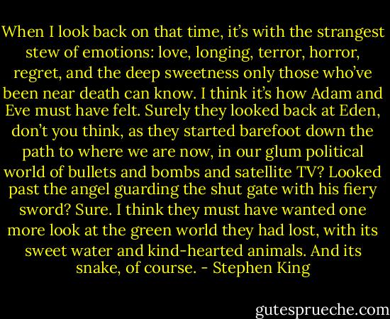 When I look back on that time, it’s with the strangest stew of emotions: love, longing, terror, horror, regret, and the deep sweetness only those who’ve been near death can know. I think it’s how Adam and Eve must have felt. Surely they looked back at Eden, don’t you think, as they started barefoot down the path to where we are now, in our glum political world of bullets and bombs and satellite TV? Looked past the angel guarding the shut gate with his fiery sword? Sure. I think they must have wanted one more look at the green world they had lost, with its sweet water and kind-hearted animals. And its snake, of course. - Stephen King
