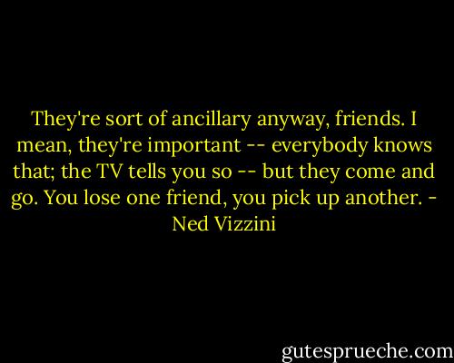 They're sort of ancillary anyway, friends. I mean, they're important -- everybody knows that; the TV tells you so -- but they come and go. You lose one friend, you pick up another. - Ned Vizzini