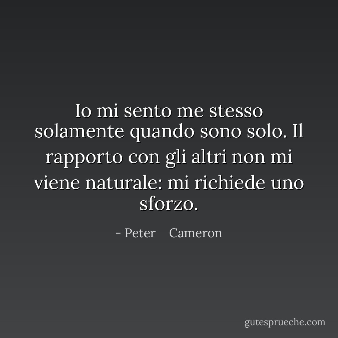 Io mi sento me stesso solamente quando sono solo. Il rapporto con gli altri non mi viene naturale: mi richiede uno sforzo. - Peter    Cameron