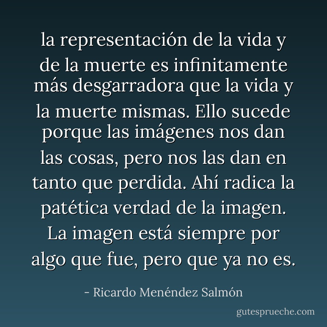 la representación de la vida y de la muerte es infinitamente más desgarradora que la vida y la muerte mismas. Ello sucede porque las imágenes nos <i>dan</i> las cosas, pero nos las dan <i>en tanto que perdida</i>. Ahí radica la patética verdad de la imagen. La imagen está siempre por algo que fue, pero que ya no es. - Ricardo Menéndez Salmón