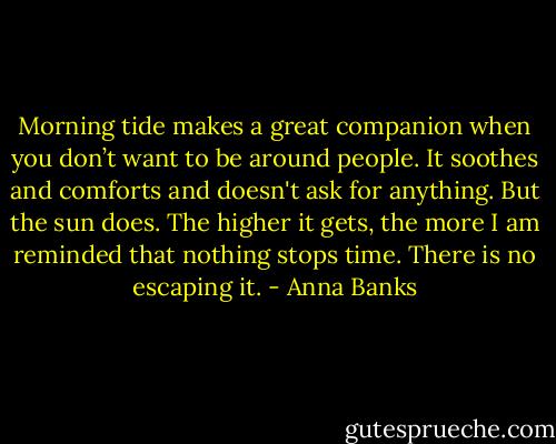 Morning tide makes a great companion when you don’t want to be around people. It soothes and comforts and doesn't ask for anything. But the sun does. The higher it gets, the more I am reminded that nothing stops time. There is no escaping it. - Anna Banks