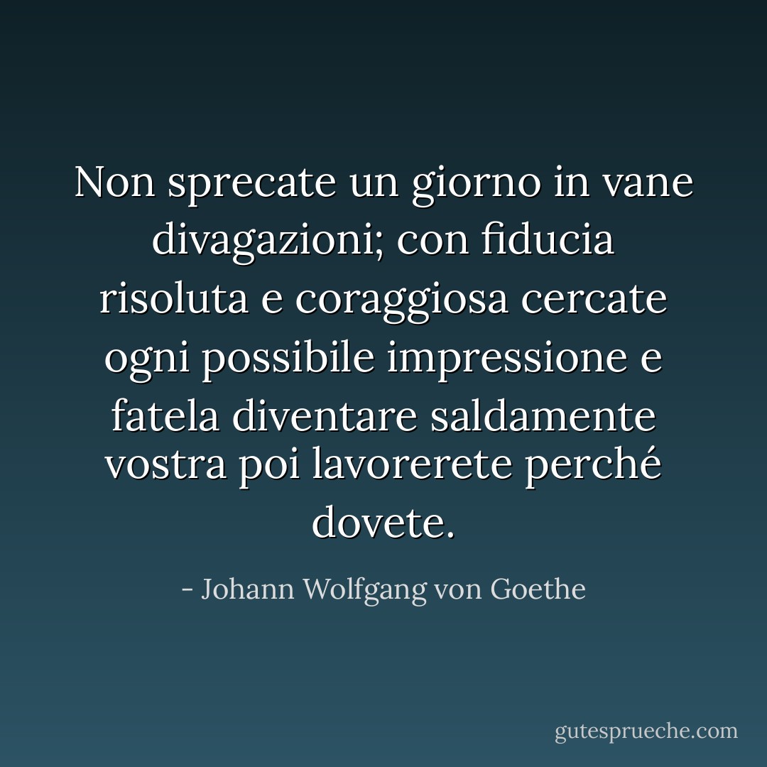 Non sprecate un giorno in vane divagazioni;<br />con fiducia risoluta e coraggiosa<br />cercate ogni possibile impressione<br />e fatela diventare saldamente vostra<br />poi lavorerete perché dovete. - Johann Wolfgang von Goethe