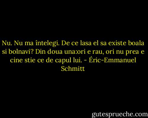 Nu. Nu ma întelegi. De ce lasa el sa existe boala si bolnavi? Din doua una:ori e rau, ori nu prea e cine stie ce de capul lui. - Éric-Emmanuel Schmitt
