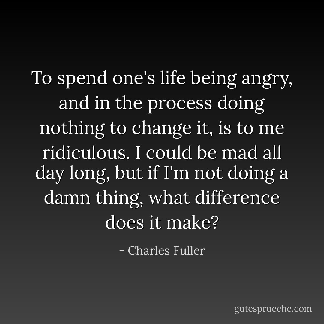 To spend one's life being angry, and in the process doing nothing to change it, is to me ridiculous. I could be mad all day long, but if I'm not doing a damn thing, what difference does it make? - Charles Fuller