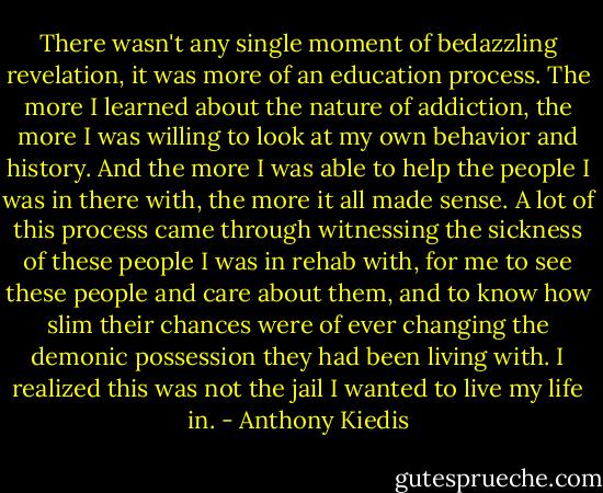 There wasn't any single moment of bedazzling revelation, it was more of an education process. The more I learned about the nature of addiction, the more I was willing to look at my own behavior and history. And the more I was able to help the people I was in there with, the more it all made sense. A lot of this process came through witnessing the sickness of these people I was in rehab with, for me to see these people and care about them, and to know how slim their chances were of ever changing the demonic possession they had been living with. I realized this was not the jail I wanted to live my life in. - Anthony Kiedis