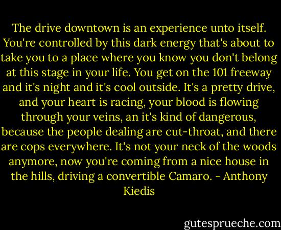 The drive downtown is an experience unto itself. You're controlled by this dark energy that's about to take you to a place where you know you don't belong at this stage in your life. You get on the 101 freeway and it's night and it's cool outside. It's a pretty drive, and your heart is racing, your blood is flowing through your veins, an it's kind of dangerous, because the people dealing are cut-throat, and there are cops everywhere. It's not your neck of the woods anymore, now you're coming from a nice house in the hills, driving a convertible Camaro. - Anthony Kiedis