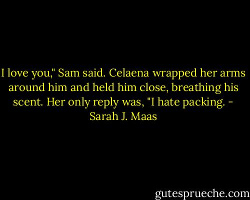 I love you," Sam said.<br />Celaena wrapped her arms around him and held him close, breathing his scent. Her only reply was, "I hate packing. - Sarah J. Maas