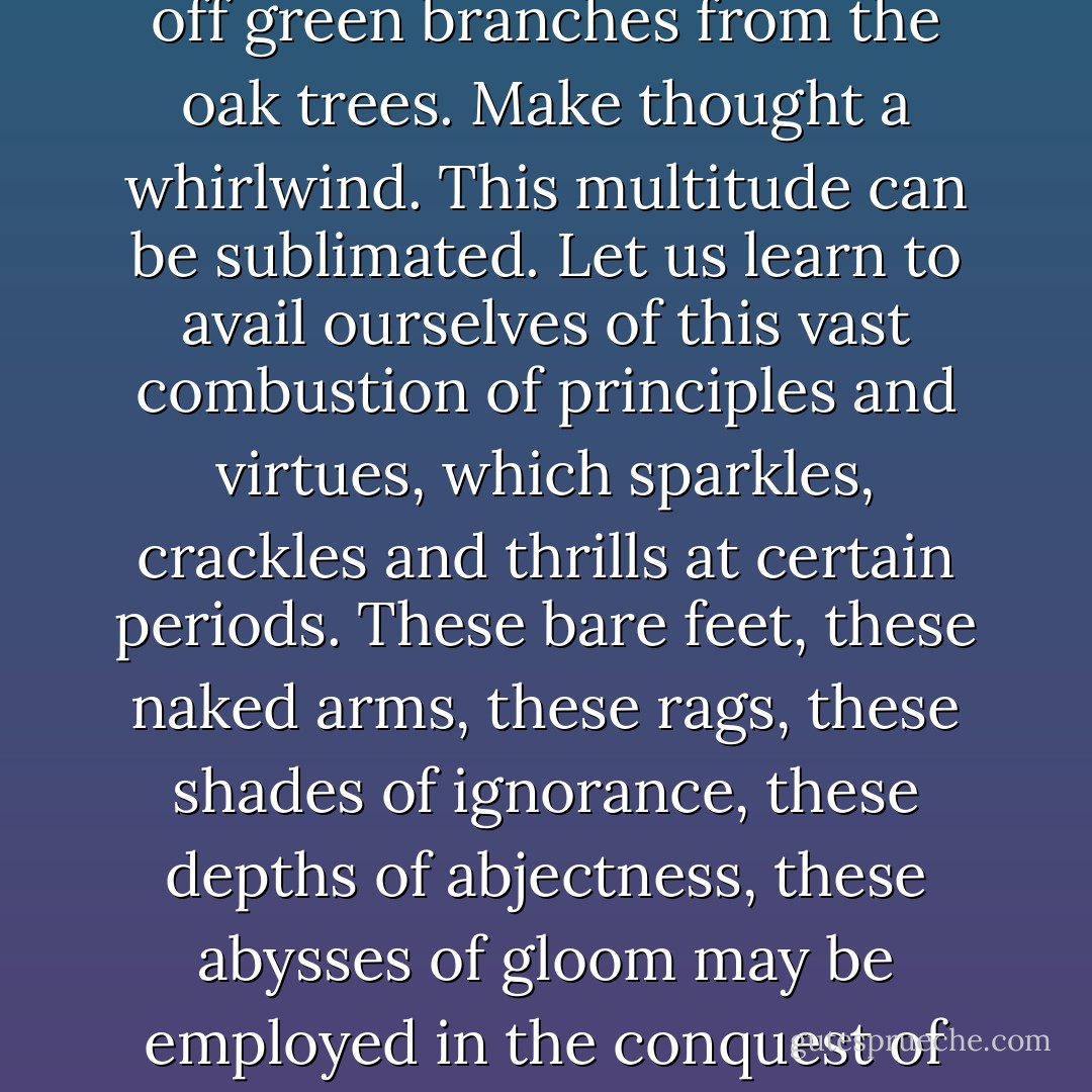 Proceed, philosophers, teach, enlighten, enkindle, think aloud, speak aloud, run joyously towards the bright daylight, fraternise in the public squares, announce the glad tidings, scatter plenteously your alphabets, proclaim human rights, sing your Marseillaises, sow enthusiasms, broadcast, tear off green branches from the oak trees. Make thought a whirlwind. This multitude can be sublimated. Let us learn to avail ourselves of this vast combustion of principles and virtues, which sparkles, crackles and thrills at certain periods. These bare feet, these naked arms, these rags, these shades of ignorance, these depths of abjectness, these abysses of gloom may be employed in the conquest of the ideal. Look through the medium of the people, and you shall discern the truth. This lowly sand which you trample beneath your feet, if you cast it into the furnace, and let it melt and seethe, shall become resplendent crystal, and by means of such as it a Galileo and a Newtown shall discover stars. - Victor Hugo