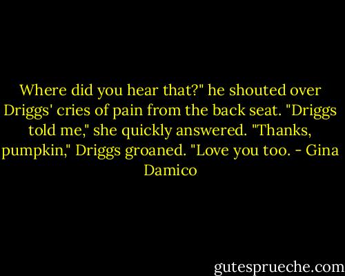 Where did you hear that?" he shouted over Driggs' cries of pain from the back seat.<br />"Driggs told me," she quickly answered.<br />"Thanks, pumpkin," Driggs groaned. "Love you too. - Gina Damico