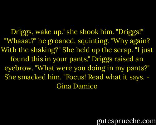 Driggs, wake up." she shook him. "Driggs!"<br />"Whaaat?" he groaned, squinting. "Why again? With the shaking?"<br />She held up the scrap. "I just found this in your pants."<br />Driggs raised an eyebrow. "What were you doing in my pants?"<br />She smacked him. "Focus! Read what it says. - Gina Damico