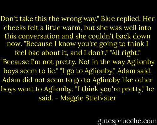 Don't take this the wrong way," Blue replied. Her cheeks felt a little warm, but she was well into this conversation and she couldn't back down now. "Because I know you're going to think I feel bad about it, and I don't." "All right." "Because I'm not pretty. Not in the way Aglionby boys seem to lie." "I go to Aglionby," Adam said. Adam did not seem to go to Aglinoby like other boys went to Aglionby. "I think you're pretty," he said. - Maggie Stiefvater