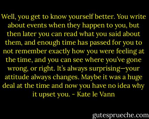 Well, you get to know yourself better. You write about events when they happen to you, but then later you can read what you said about them, and enough time has passed for you to not remember exactly how you were feeling at the time, and you can see where you’ve gone wrong, or right. It’s always surprising—your attitude always changes. Maybe it was a huge deal at the time and now you have no idea why it upset you. - Kate le Vann