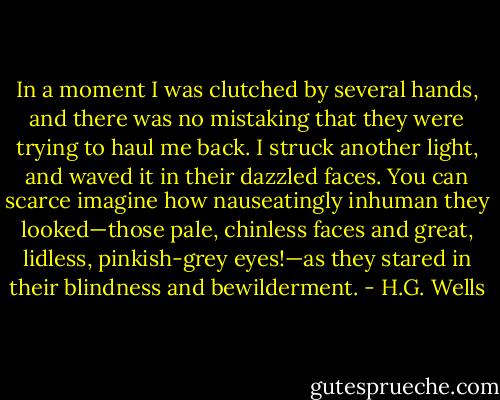 In a moment I was clutched by several hands, and there was no mistaking that they were trying to haul me back. I struck another light, and waved it in their dazzled faces. You can scarce imagine how nauseatingly inhuman they looked—those pale, chinless faces and great, lidless, pinkish-grey eyes!—as they stared in their blindness and bewilderment. - H.G. Wells