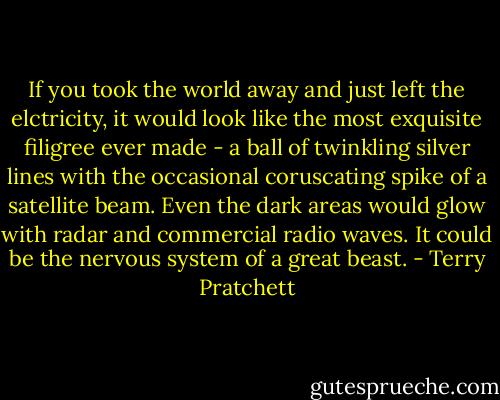 If you took the world away and just left the elctricity, it would look like the most exquisite filigree ever made - a ball of twinkling silver lines with the occasional coruscating spike of a satellite beam. Even the dark areas would glow with radar and commercial radio waves. It could be the nervous system of a great beast. - Terry Pratchett