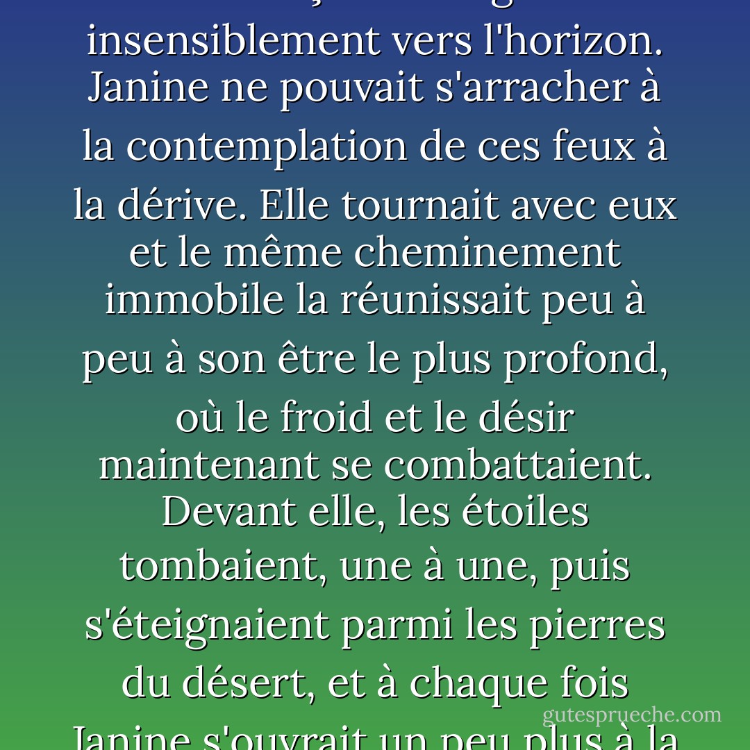 Dans les épaisseurs de la nuit sèche et froide, des milliers d'étoiles se formaient sans trêve et leurs glaçons étincelants, aussitôt détachés, commençaient de glisser insensiblement vers l'horizon. Janine ne pouvait s'arracher à la contemplation de ces feux à la dérive. Elle tournait avec eux et le même cheminement immobile la réunissait peu à peu à son être le plus profond, où le froid et le désir maintenant se combattaient. Devant elle, les étoiles tombaient, une à une, puis s'éteignaient parmi les pierres du désert, et à chaque fois Janine s'ouvrait un peu plus à la nuit. Elle respirait, elle oubliait le froid, le poids des êtres, la vie démente ou figée, la longue angoisse de vivre et de mourir. - Albert Camus