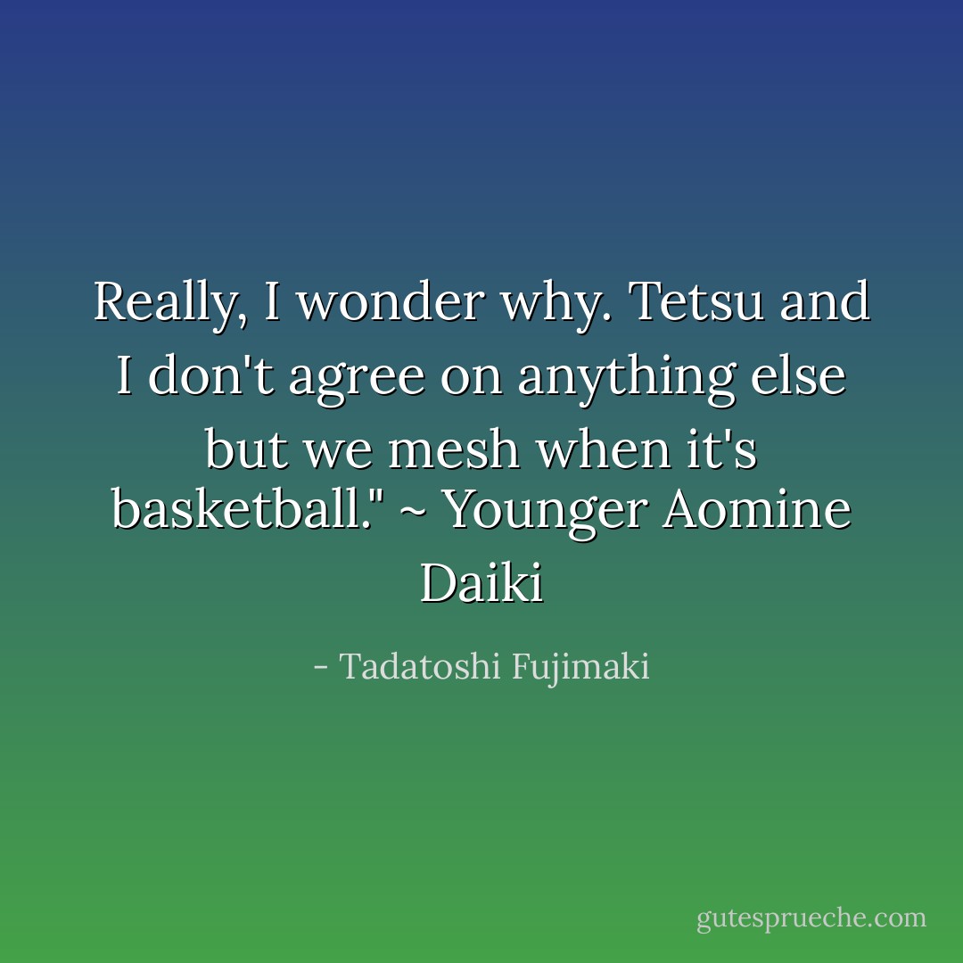 Really, I wonder why. Tetsu and I don't agree on anything else but we mesh when it's basketball." ~ Younger Aomine Daiki - Tadatoshi Fujimaki
