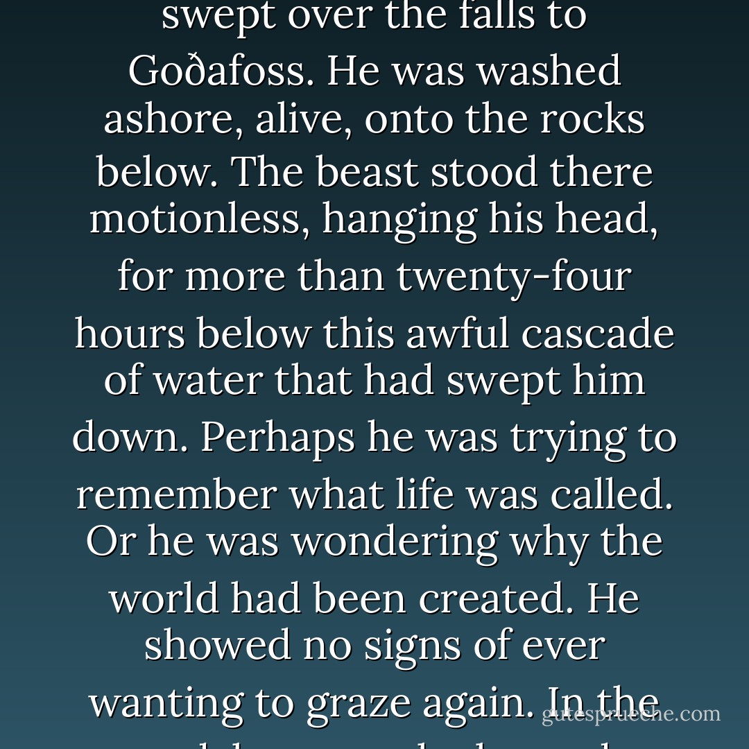 Dr. Syngmann: I am talking about the only quality that was worth creating the world for, the only power that is worth controlling. <br /><br />Pastor Jón: Úa?<br /><br />Dr. Syngmann in a tired, gravelly bass: I hear you mention once more that name which is no name. I know you blame me; I blame myself. Úa was simply Úa. There was nothing I could do about it. I know you have never recovered from it, John. Neither have I. <br /><br />Pastor Jón: That word could mean everything and nothing, and when it ceased to sound, it was as if all other words had lost their meaning. But it did not matter. It gradually came back. <br /><br />Dr. Syngmann: Gradually came back? What did?<br /><br />Pastor Jón: Some years ago, a horse was swept over the falls to Goðafoss. He was washed ashore, alive, onto the rocks below. The beast stood there motionless, hanging his head, for more than twenty-four hours below this awful cascade of water that had swept him down. Perhaps he was trying to remember what life was called. Or he was wondering why the world had been created. He showed no signs of ever wanting to graze again. In the end, however, he heaved himself onto the riverbank and started to nibble. <br /><br />Dr. Syngmann: Only one thing matters, John: do you accept it? <br /><br />Pastor Jón: The flower of the field is with me, as the psalmist said. It isn't mine, to be sure, but it lives here; during the winter it lives in my mind until it resurrects again. <br /><br />Dr. Syngmann: I don't accept it, John! There are limits to the Creator's importunacy. I refuse to carry this universe on my back any longer, as if it were my fault that it exists. <br /><br />Pastor Jón: Quite so. On the other hand, I am like that horse that was dumbfounded for twenty-four hours. For a long time I thought I could never endure having survived. Then I went back to the pasture. - Halldór Laxness