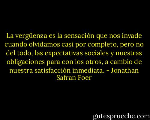 La vergüenza es la sensación que nos invade cuando olvidamos casi por completo, pero no del todo, las expectativas sociales y nuestras obligaciones para con los otros, a cambio de nuestra satisfacción inmediata. - Jonathan Safran Foer