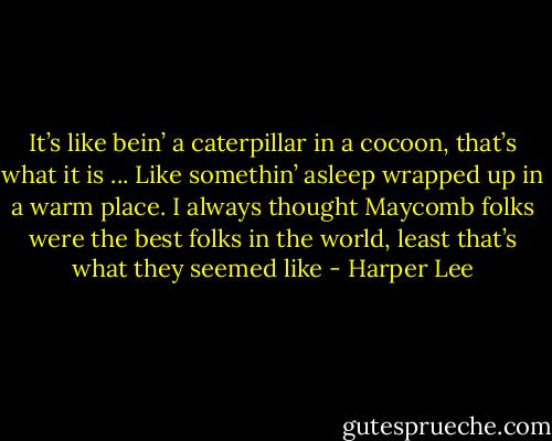 It’s like bein’ a caterpillar in a cocoon, that’s what it is ... Like somethin’ asleep wrapped up in a warm place. I always thought Maycomb folks were the best folks in the world, least that’s what they seemed like - Harper Lee
