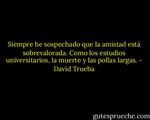 Siempre he sospechado que la amistad está sobrevalorada. Como los estudios universitarios, la muerte y las pollas largas. - David Trueba