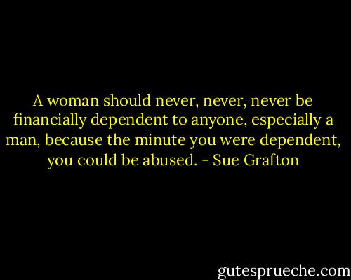 A woman should never, never, never be financially dependent to anyone, especially a man, because the minute you were dependent, you could be abused. - Sue Grafton