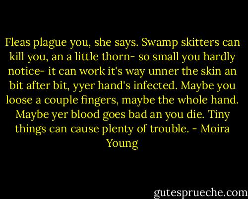 Fleas plague you, she says. Swamp skitters can kill you, an a little thorn- so small you hardly notice- it can work it's way unner the skin an bit after bit, yyer hand's infected. Maybe you loose a couple fingers, maybe the whole hand. Maybe yer blood goes bad an you die. Tiny things can cause plenty of trouble. - Moira Young