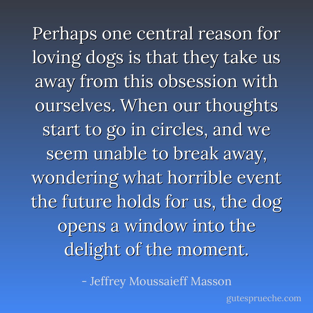 Perhaps one central reason for loving dogs is that they take us away from this obsession with ourselves. When our thoughts start to go in circles, and we seem unable to break away, wondering what horrible event the future holds for us, the dog opens a window into the delight of the moment. - Jeffrey Moussaieff Masson
